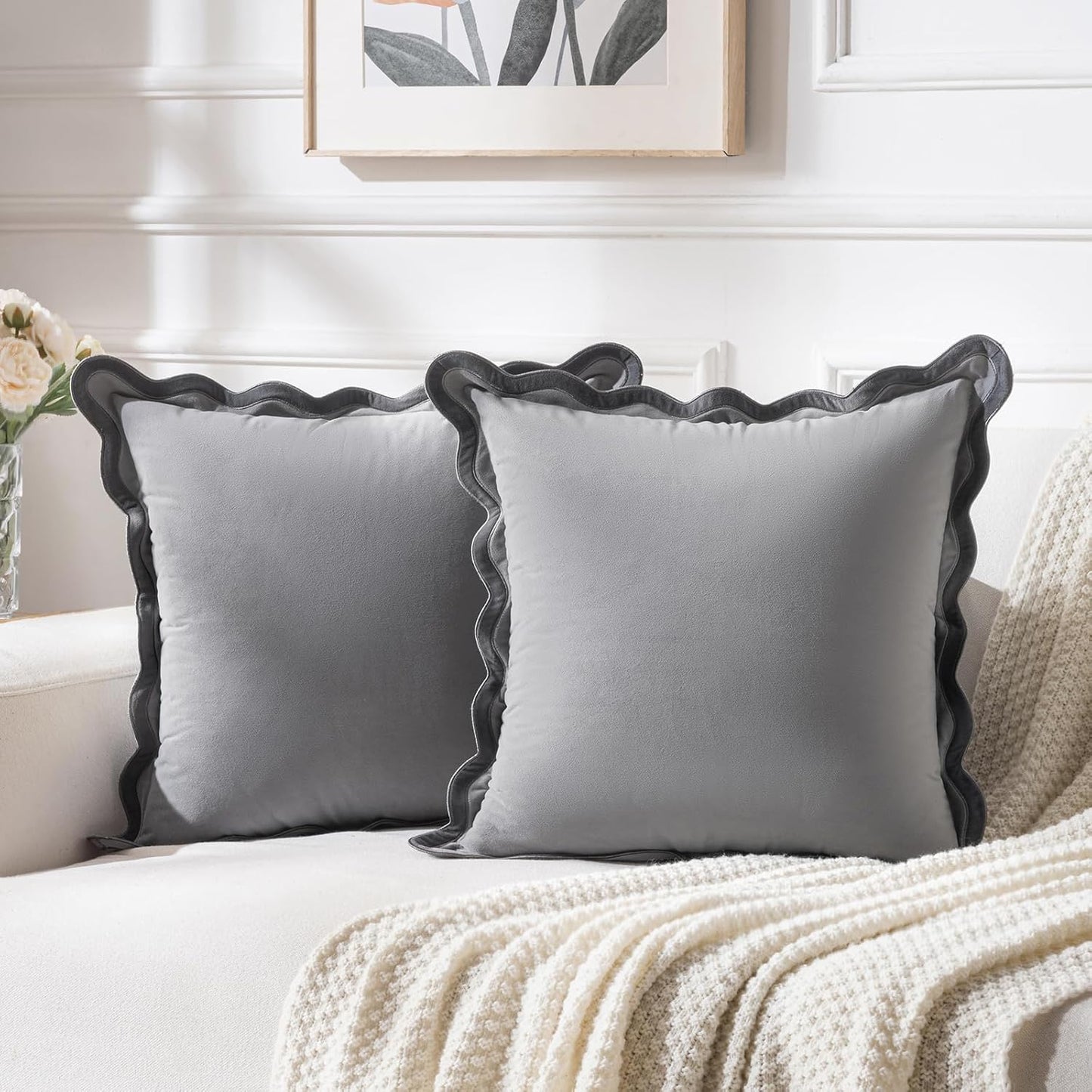 Set of 2 Grey Decorative Throw Pillow Covers 18X18 Inch with Scallop Edging for Couch Bed Sofa Indoors, Aesthetic Modern Farmhouse Home Decor, Soft Velvet Accent Gray Pillow Case 45X45 Cm