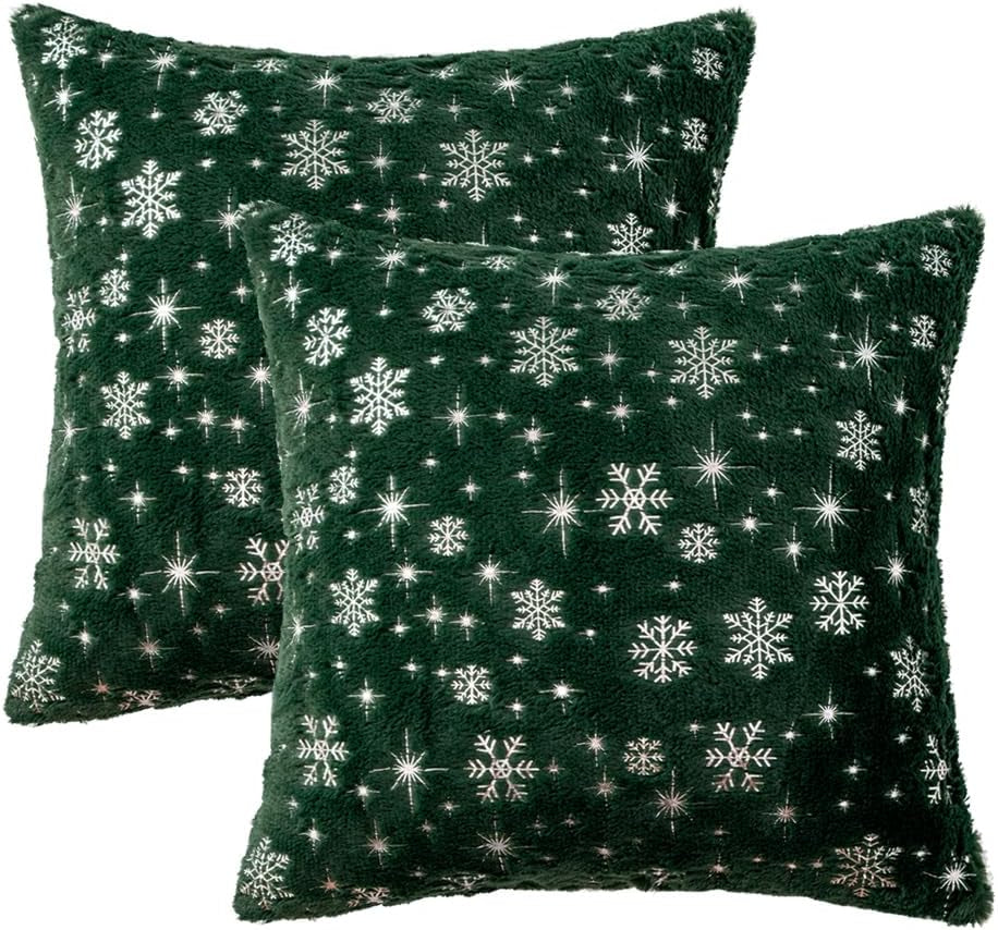 Set of 2 Christmas Decorative Throw Pillow Covers Soft Faux Fur Winter Pillow Covers with Silver Snowflake Glitter Holiday Festival Pillowcases for Couch Sofa Bed, 18×18Inch, Dark Green