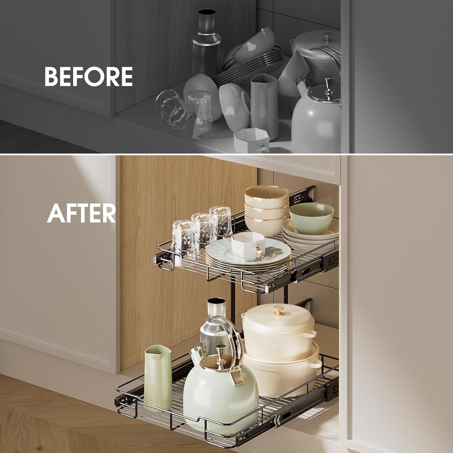 Pull Out Cabinet Organizer, Heavy Duty Cabinet Shelf Organizers, 2 Tier Cabinet Slide Out Shelves for Kitchen, Pantry, Bathroom, 14" W X 21" D