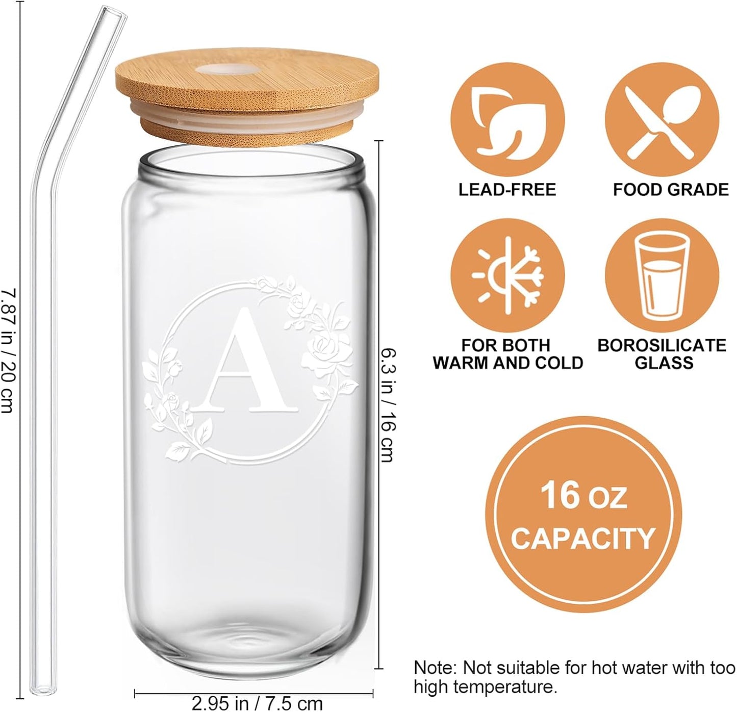 Birthday Gifts for Women, Monogrammed Initial Glass Cup Personalized Gifts for Women, 16Oz Glass Cups with Lids and Straws, Iced Coffee Cup, Beer Can Shaped Glass - Gifts for Christmas, Birthday, A