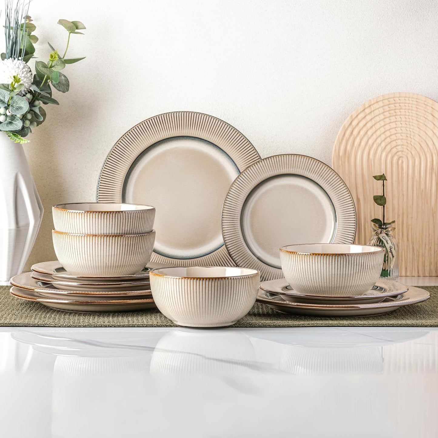 Elegant 18-Piece Embossed Stoneware Dinnerware Set for 8 - Dishwasher and Microwave Safe - Ideal Housewarming and Wedding Gift