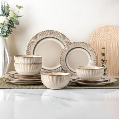 Elegant 18-Piece Embossed Stoneware Dinnerware Set for 8 - Dishwasher and Microwave Safe - Ideal Housewarming and Wedding Gift
