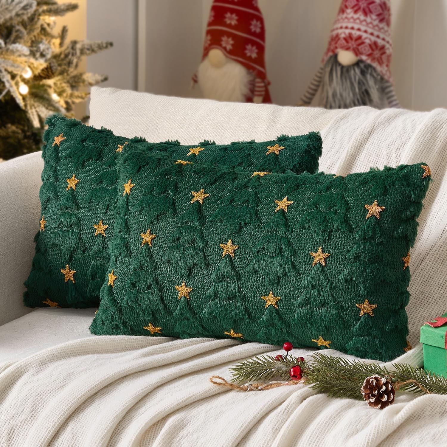 Christmas Pillow Covers 12X20 Inch Set of 2, Dark Green Christmas Tree Plush Faux Fur Pillowcases Soft Decorative Throw Pillow Cases for Couch Sofa Living Room Winter Xmas Holiday Home Decor