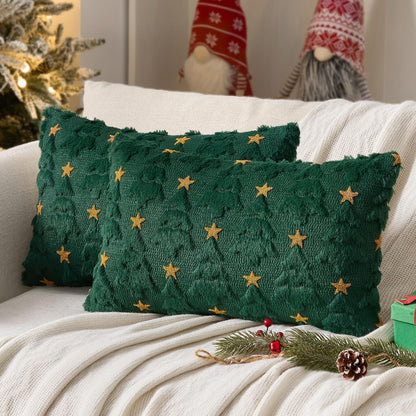 Christmas Pillow Covers 12X20 Inch Set of 2, Dark Green Christmas Tree Plush Faux Fur Pillowcases Soft Decorative Throw Pillow Cases for Couch Sofa Living Room Winter Xmas Holiday Home Decor