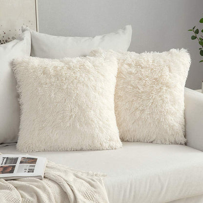 Pack of 2 Luxury Faux Fur Throw Pillow Cover Deluxe Winter Decorative Plush Pillow Case Cushion Cover Shell for Sofa Bedroom Car 18 X 18 Inch Beige