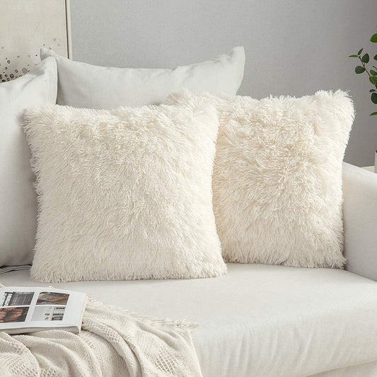 Pack of 2 Luxury Faux Fur Throw Pillow Cover Deluxe Winter Decorative Plush Pillow Case Cushion Cover Shell for Sofa Bedroom Car 18 X 18 Inch Beige