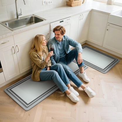 Kitchen Mats for Floor 2 PCS Cushioned Anti-Fatigue, Geometric Waterproof Kitchen Rugs Non Slip Washable, Comfort Standing Mat Rug for Kitchen, Office, Laundry, Lightgrey, 17"X 47"+17"X 30"