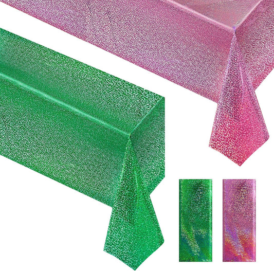 Set of 2 Pink and Green Holographic Tablecloths, 40" x 108", Iridescent Plastic Table Cover for Birthday and Bachelorette Party Decorations