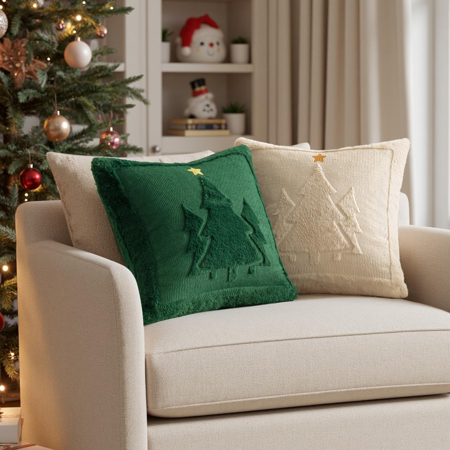 Christmas Trees Pillow Covers Set of 2 Decorative Soft Throw Pillows Plush Faux Fur Wool Embroidered Couch Cushion for Holiday Winter Home Decor Chair Sofa Bedroom Living Room,Green 18X18Inch