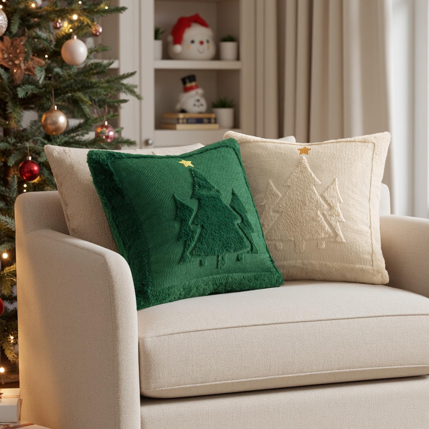 Christmas Trees Pillow Covers Set of 2 Decorative Soft Throw Pillows Plush Faux Fur Wool Embroidered Couch Cushion for Holiday Winter Home Decor Chair Sofa Bedroom Living Room,Green 18X18Inch