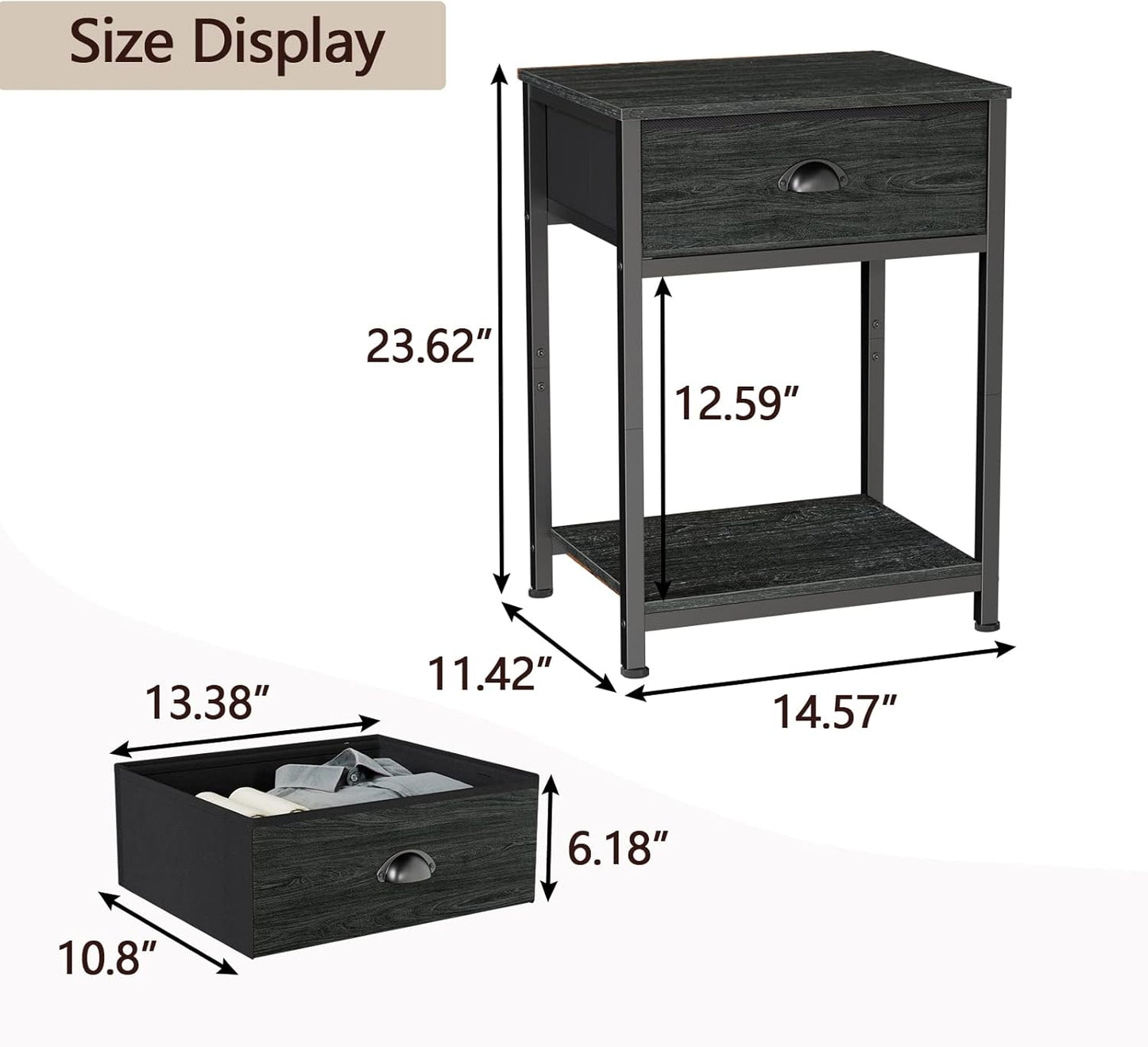 Nightstand with Fabric Drawer & Storage Shelf, Small Bedside Table Organizer for Small Space, 2 Tiers Industrial End Table, Side Table for Living Room, Bedroom, Black Oak