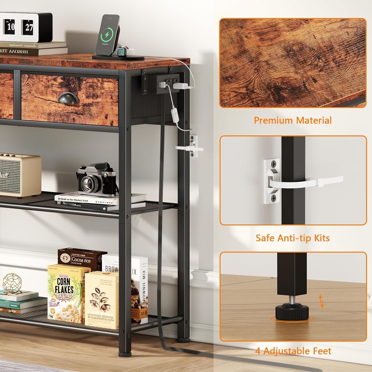5 Tier Bookshelf with Drawer & Console Table with Charging Station, 3 Drawers and LED Light