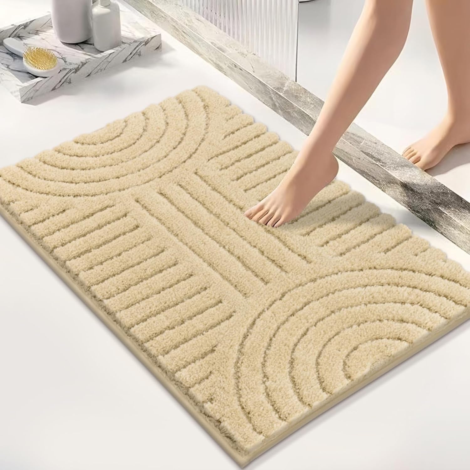 Boho Small Bathroom Rugs 24"X16" Extra Soft Absorbent Microfiber Bath Mats Home Decor Non Slip Bath Rugs Machine Washable Shaggy Carpet for Bath Room Floor Shower Bathtub, Beige 1'4" X 2'