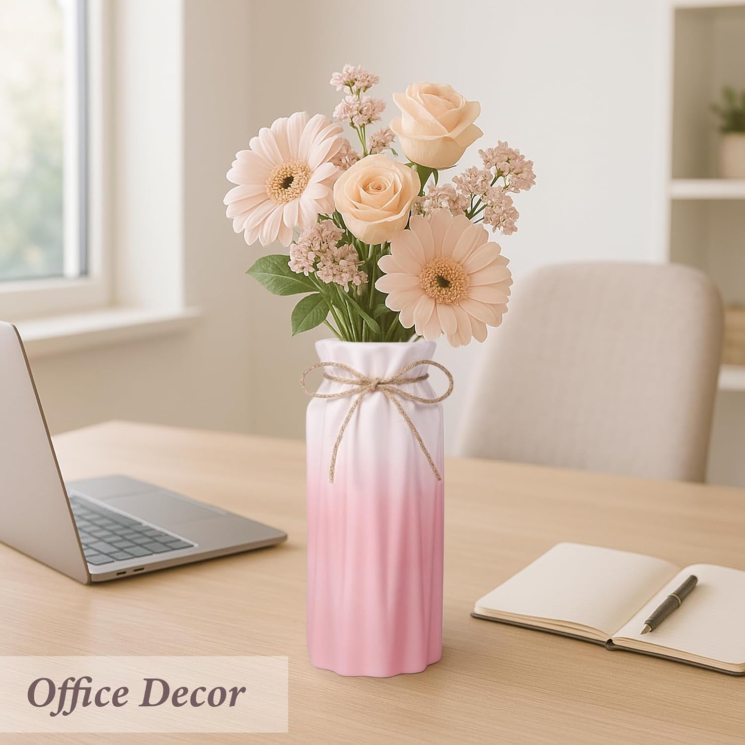 Gradient Pink Ceramic Bow Vase, Flower Vases Minimalism Style for Modern Home Decor, Decorative Vase for Living Room, Coffee Table, Office, Bookshelf and Farmhouse Table