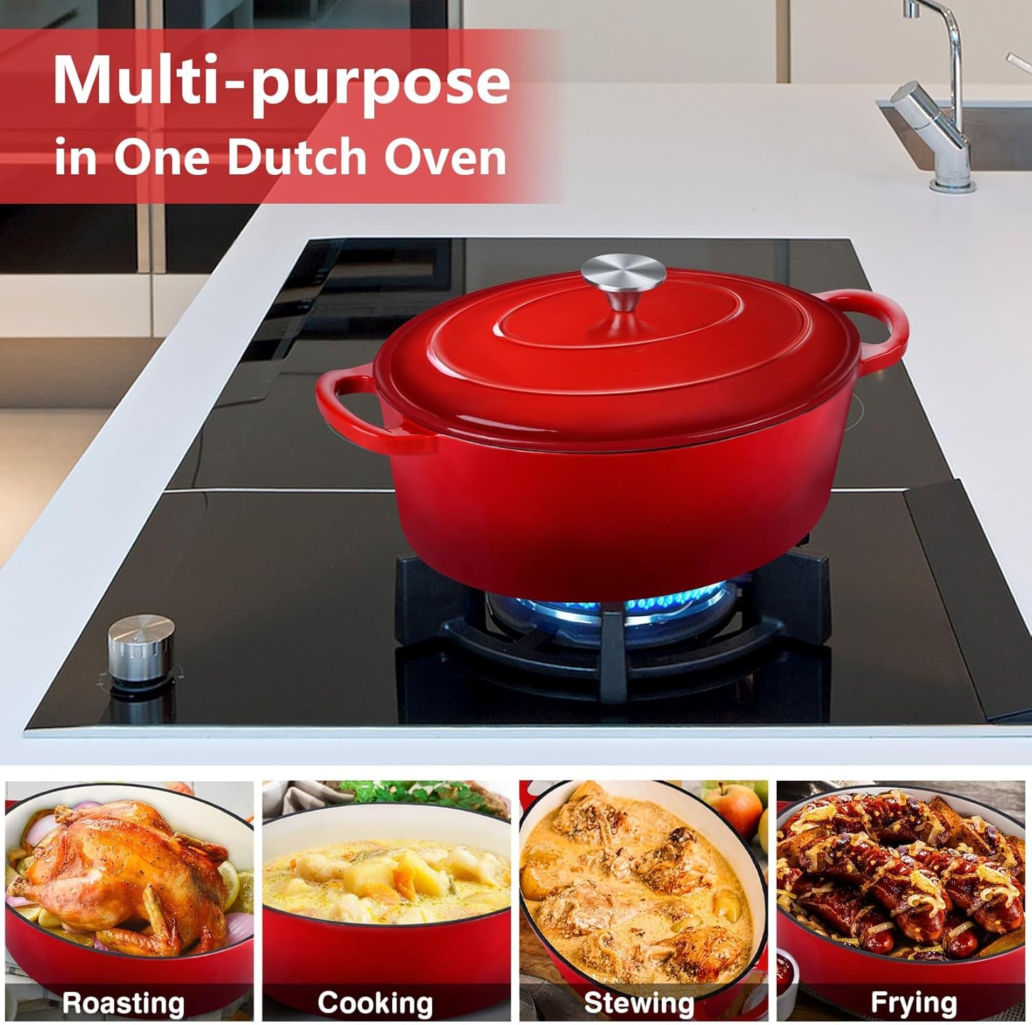 Oval Dutch Oven with Lid, Enameled Cast Dutch Oven Pot for Bread Baking, Braising, Stewing, Roasting, Non-Stick & Oven Safe, Dual Handles & Easy Clean, 5QT & Red