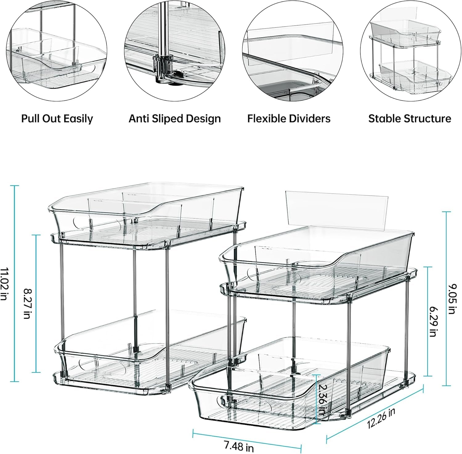 2 Sets of 2-Tier Clear under Sink Organizers and Storage, Multi-Purpose Stackable Bathroom Cabinet Organizers, Grey