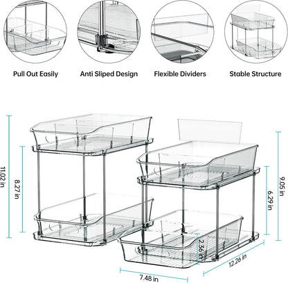 2 Sets of 2-Tier Clear under Sink Organizers and Storage, Multi-Purpose Stackable Bathroom Cabinet Organizers, Grey