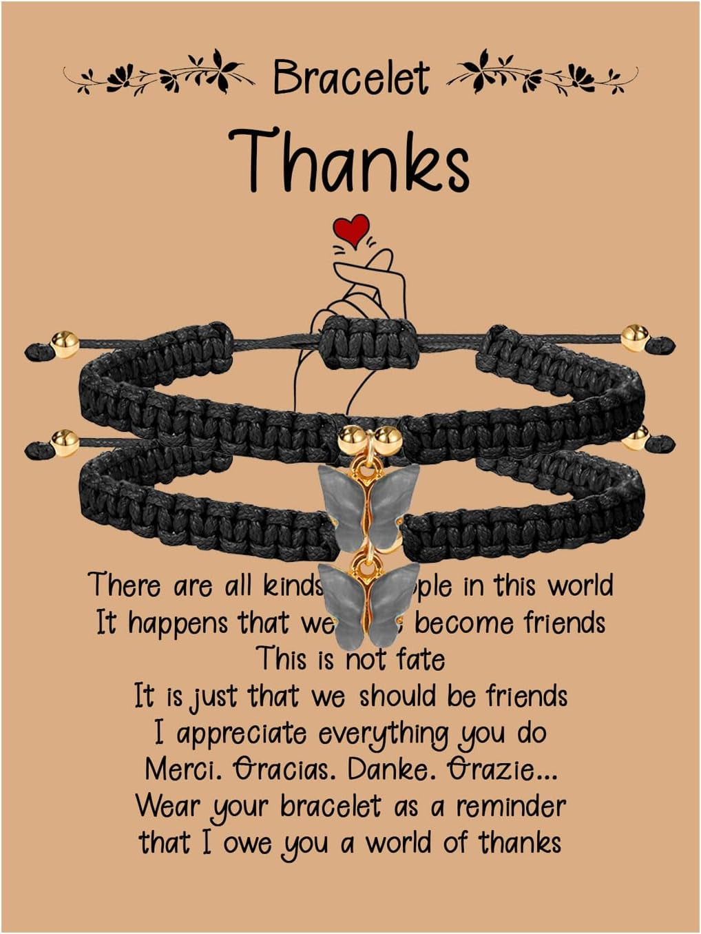 2Pcs Rope Woven Friendship Bracelets Best Friends String Matching Handmade Adjustable Butterfly Charm Cord Bracelets for Women Girls Lovers Couples Christmas Thanksgiving Gifts with Thanks Cards