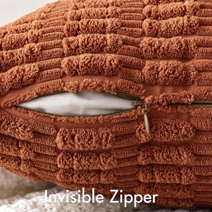 Fall Set of 2 Dark Rust Decorative Pillow Covers 18X18 Inch Textured Striped Patchwork Accents Farmhouse Boho Soft Corduroy Couch Pillows for Sofa Living Room Bed Home Decor