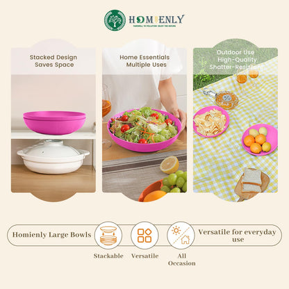 Wheat Straw Large Salad Bowls - 60 OZ Unbreakable Serving Bowls for Kitchen, Camping, and Parties - Microwave and Dishwasher Safe - Lightweight Pink Bowls for Fruits and Salads