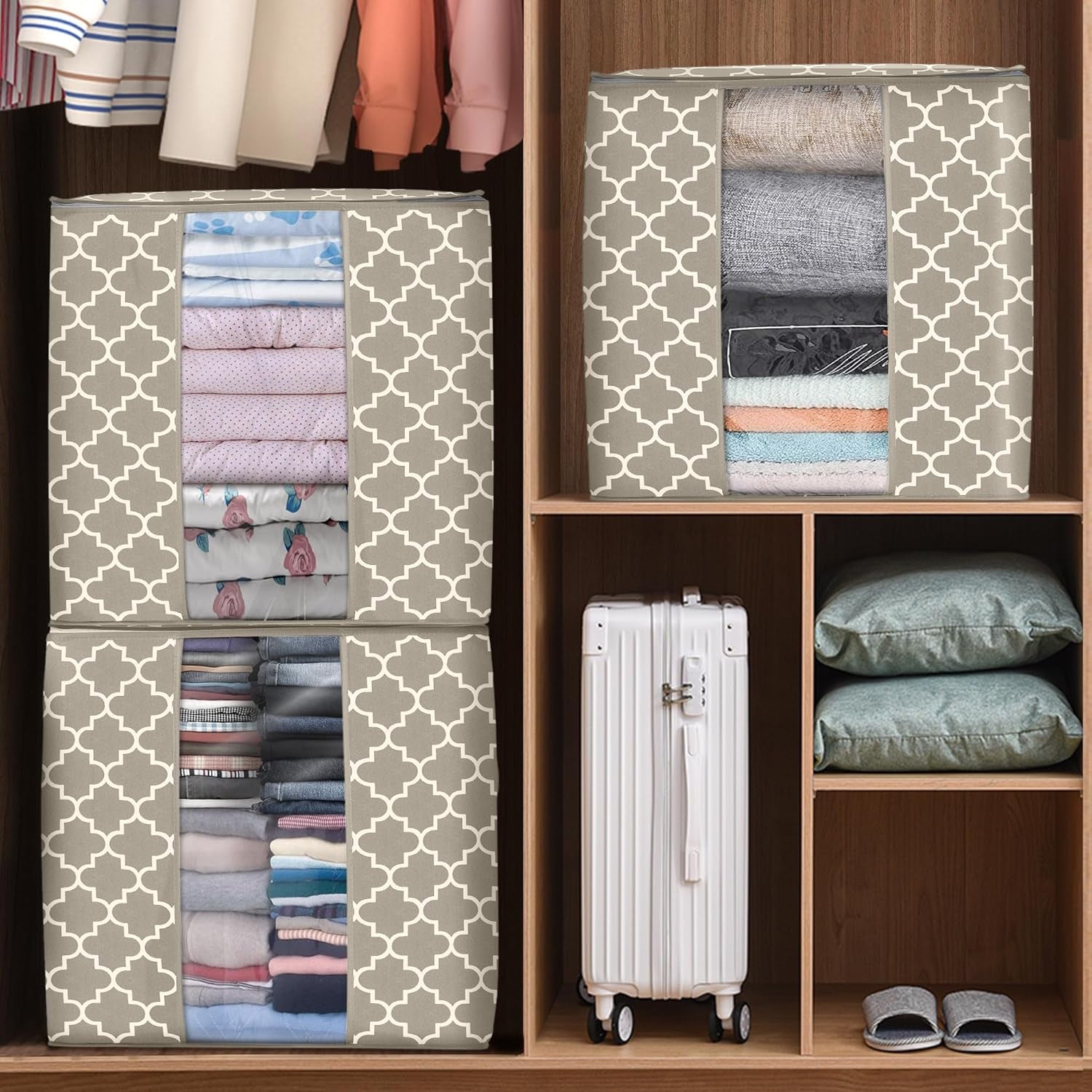 Storage Bags 3 Pack/100L Large Blanket Clothes Organization and Storage Containers for Comforters,Bedding, Foldable Organizer with Reinforced Handle, Clear Window, Sturdy Zippers,Beige