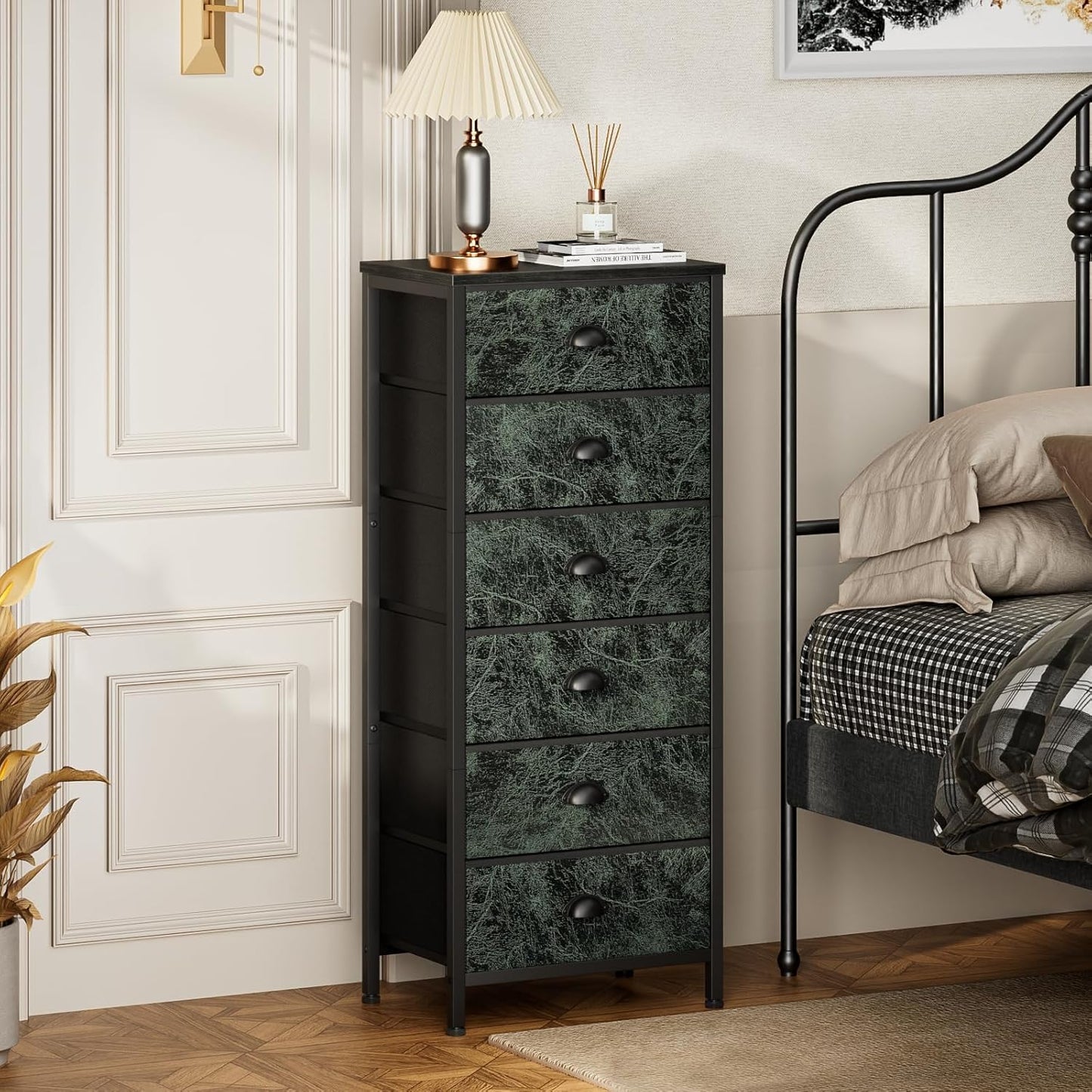 Vertical Dresser with 6 Drawers - Vintage Green Storage Tower Unit for Bedroom, Living Room, and Entryway