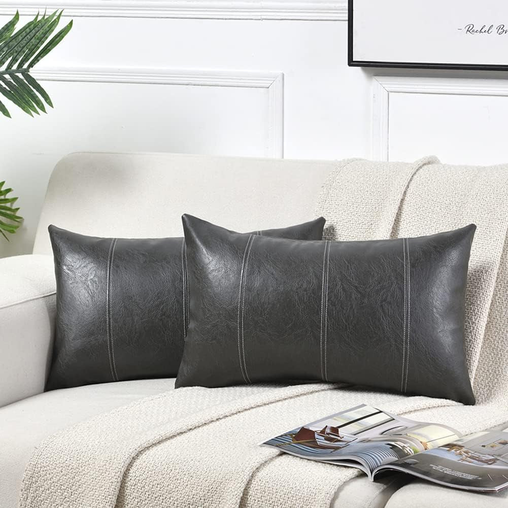 Dark Gray Lumbar Waterproof Faux Leather Decorative Throw Pillow Covers 12X20 Inch for Outdoor Couch Bed, Modern Farmhouse Boho Home Decor, Grey Hand Stitched Cushion Case 30X50 Cm