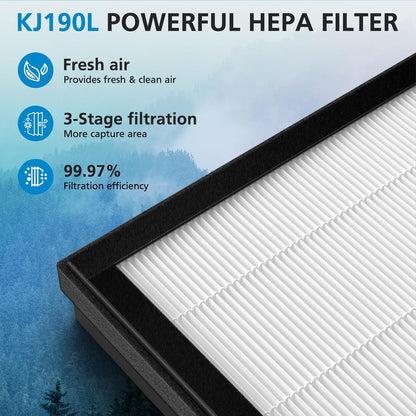 2 Pack KJ190L Filter Replacement Compatible with MOOKA KJ190L Air Purifier for Home Large Room 2000 Ft², 2 HEPA Filters and 4 Washable Prefilters Pet Air Purifier Filters for Bedroom