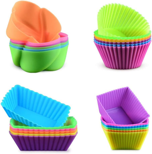 Silicone Baking Cups Cupcake Liners - 24 Pcs Reusable Silicone Molds Including Round, Rectanguar, Square, Flower Food Grade Silicone