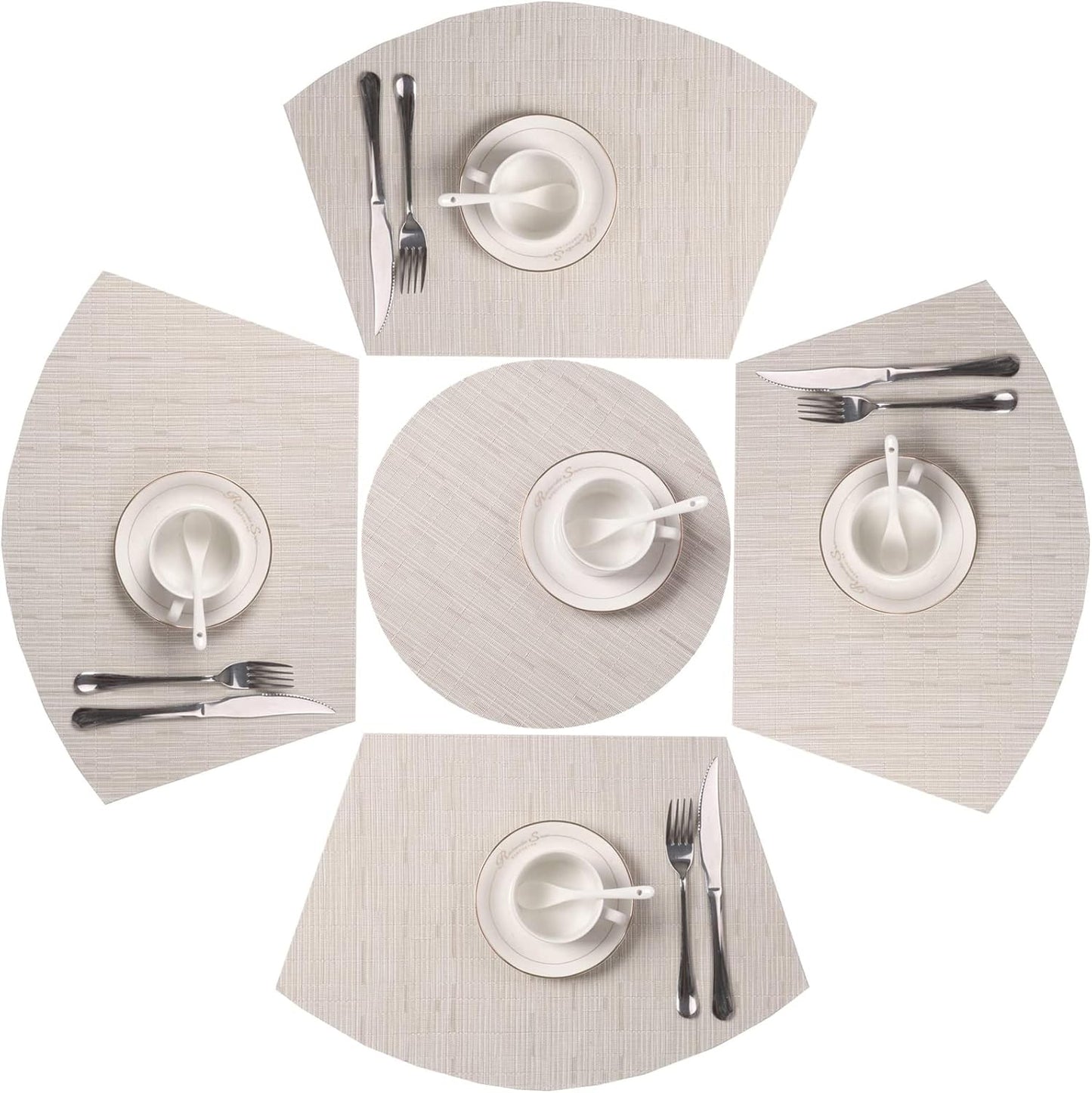 Small round Table Placemats Set of 5 Wedge Shaped Place Mat with Centerpiece round Mat Heat Resistant Table Mats Washable (5, Beige)
