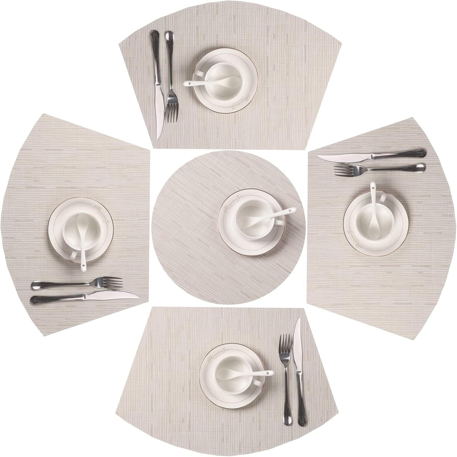 Small round Table Placemats Set of 5 Wedge Shaped Place Mat with Centerpiece round Mat Heat Resistant Table Mats Washable (5, Beige)