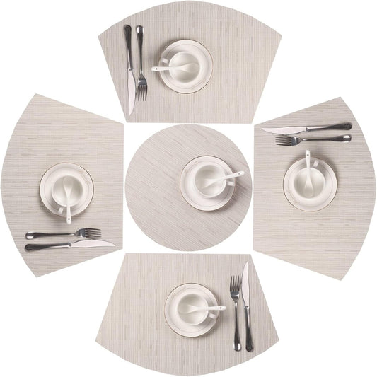 Small round Table Placemats Set of 5 Wedge Shaped Place Mat with Centerpiece round Mat Heat Resistant Table Mats Washable (5, Beige)