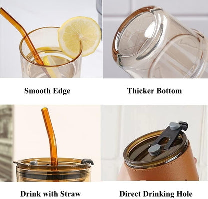 13 Oz Tumbler Water Glass, Water Bottle with Straw and Dustproof Lid, Coffee Ice Cup Double Wall Insulated Glass Cup (Amber-2Pack)