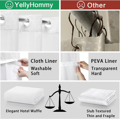 No Hook Shower Curtain with Snap in Fabric Liner Set Less Time White Waffle Shower Curtain for Bathroom 75" L X 48" W