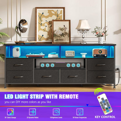 55" LED TV Stand for Bedroom with Power Outlets, Entertainment Center with 6 Fabric Drawers for 50/55/60 Inch Tvs, Dresser TV Stand Long Console Media Table for Living Room, PU Black