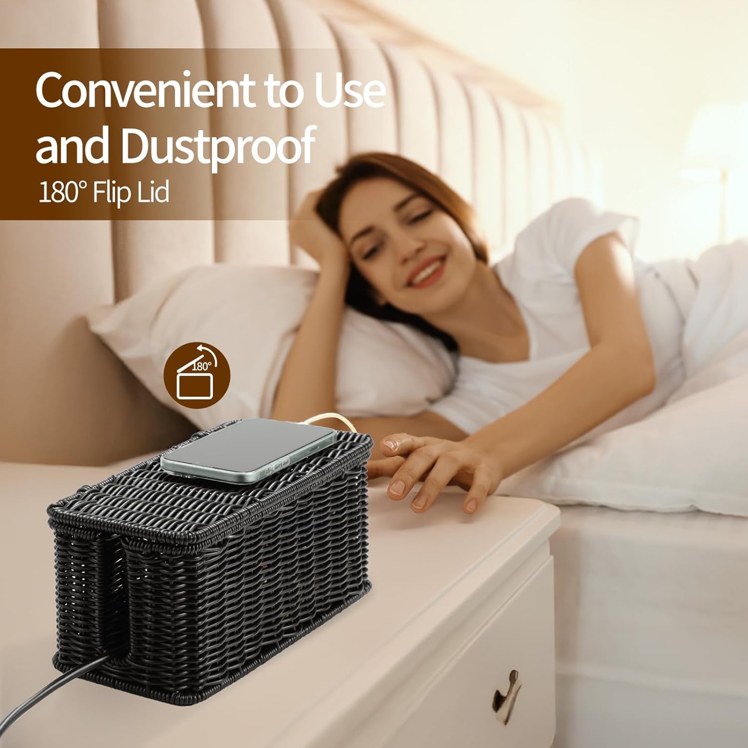 Cable Management Box, Handmade Rattan Cable Organizer, Power Cord Hider Box with 2 Open Slots, Desk Cord Organizer for Computer Router USB Hub Wire & Power Strip, 12.5"Lx 5.1" Wx 5.1"H, Black