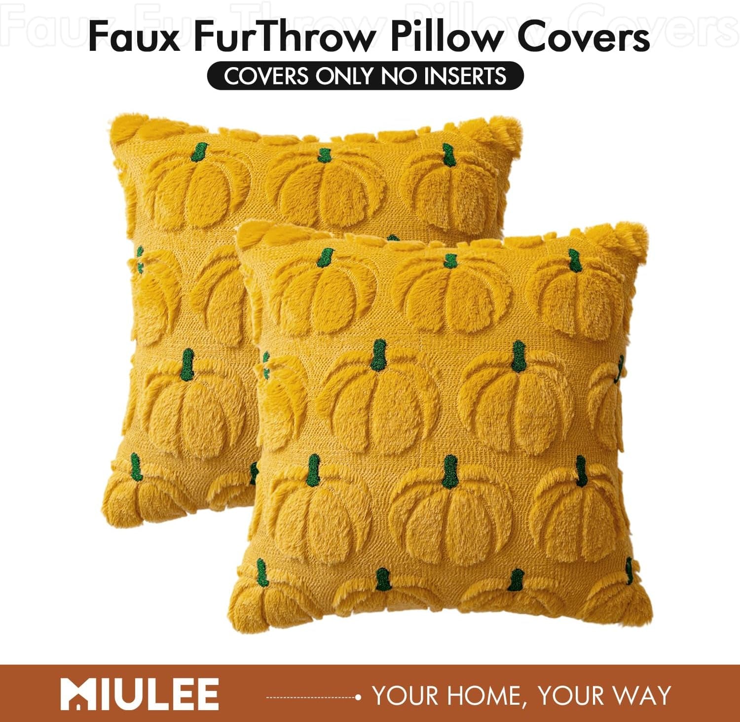 Autumn-Inspired Pumpkin Throw Pillow Covers Set of 2 - Mustard Yellow and Green Stem, 18 x 18 Inches, Soft Plush Faux Fur Decorative Cushions for Home, Porch, and Halloween Decor