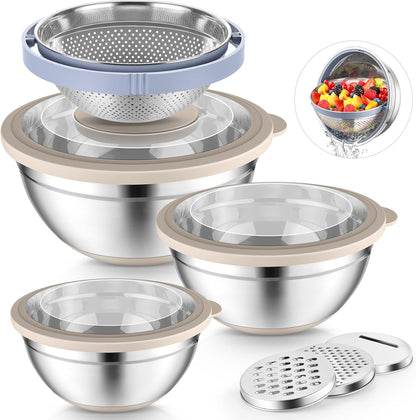 Mixing Bowls with Lids Set of 3, Stainless Steel Mixing Bowl and Colander for Kitchen, 3 Grater Attachments & Non-Slip Bottoms, Visible & Airtight Lid, Khaki