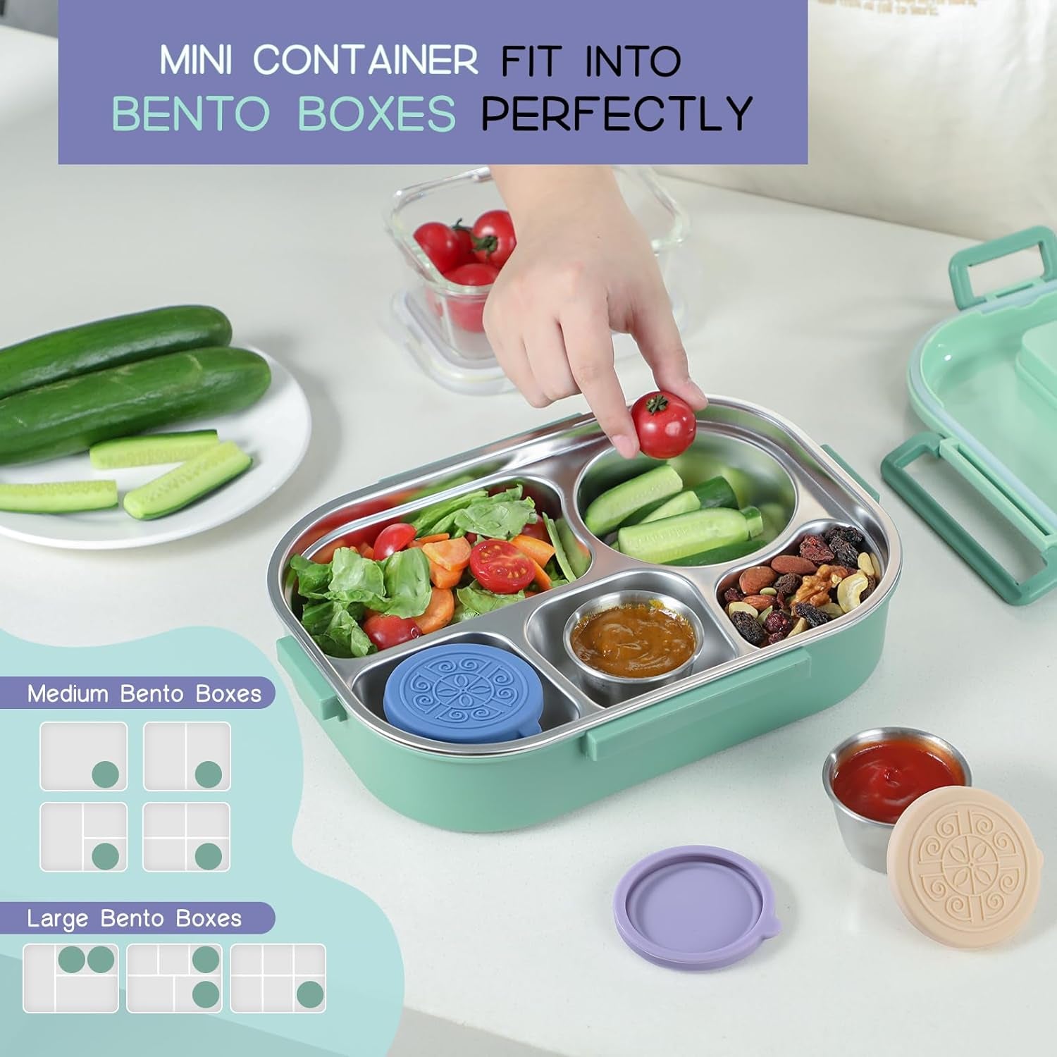 [6 Pack] Salad Dressing Container to Go, 1.6 Oz Small Condiment Containers with Lids, Reusable Stainless Steel Sauce Cups , Leakproof Silicone Lids for Lunch Bento Box, Picnic and Travel