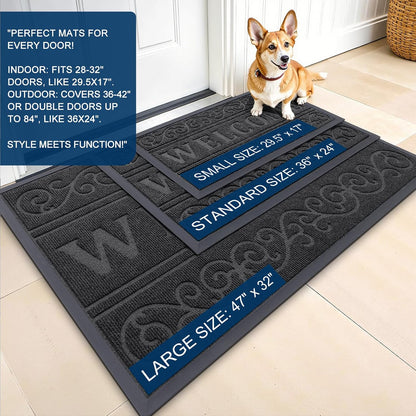 Welcome Door Mat Indoor Outdoor Entrance, Heavy Duty Sturdy Front Door Mat, Waterproof All-Weather Doormat, Stain Resistant, Low Profile, Easy Clean Patio Entryway Mat, 29.5 X 17, Black