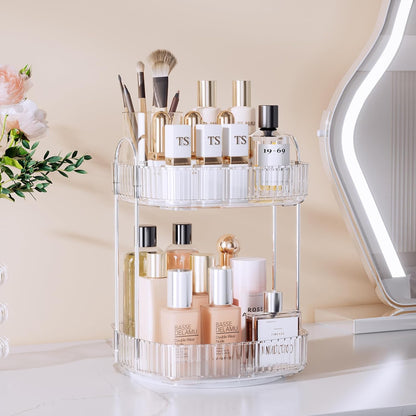 Rotating Bathroom Countertop Organizer, Large Capacity 2-Tier Multi-Function Storage for Cosmetics, Skincare, and Perfume. Makeup Organizer Countertop Ideal for Dresser, Bathroom,Vanity, Clear