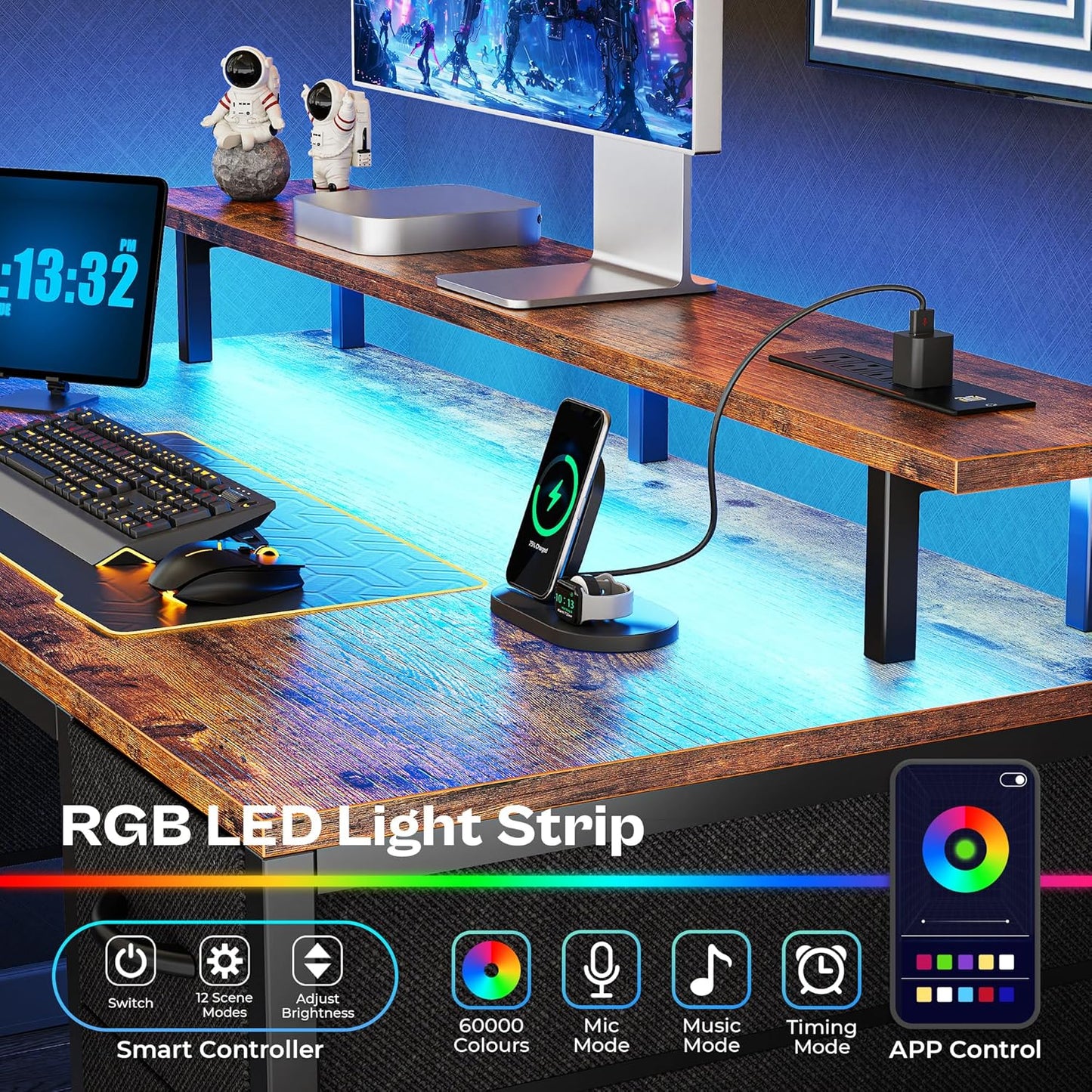 55-Inch Computer Desk with 4 Drawers, LED Lighting, and Power Outlets - Spacious Home Office and Gaming Desk in Rustic Brown Finish