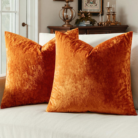 Velvet Throw Pillow Covers Set of 2, Soft Neutral Decorative Pillow Cases with Luxurious Textured Vintage Cushion Covers for Home Decor Couch Sofa Bed,Burnt Orange 18X18 Inch
