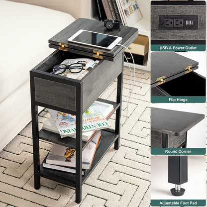 End Table with Charging Station, Flip Top Side Table with USB Ports and Outlets, Sofa Couch Table Bedside Table for Living Room Bedroom, Narrow Nightstand with Storage Shelves for Small Space