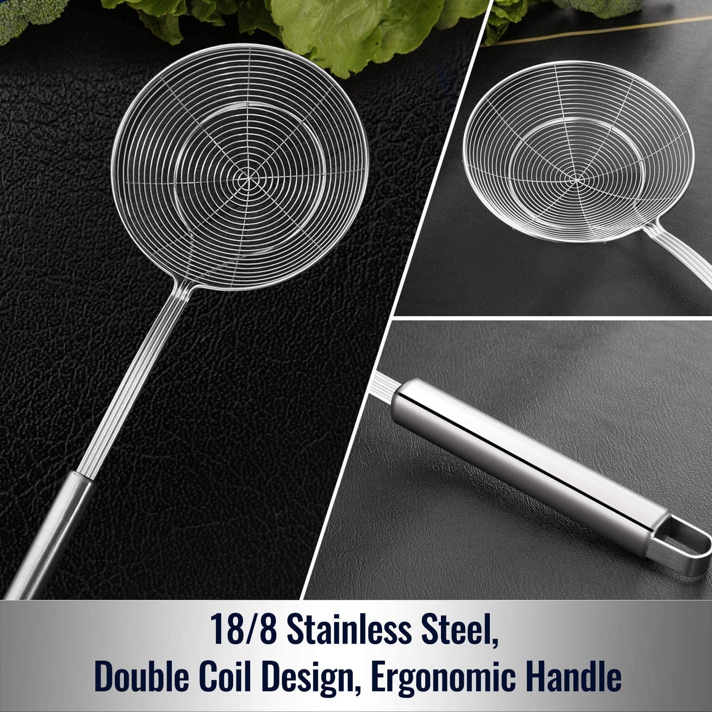 Solid Stainless Steel Spider Strainer Skimmer Ladle for Cooking and Frying, Kitchen Utensils Wire Strainer Pasta Spoon, 5.4 Inch