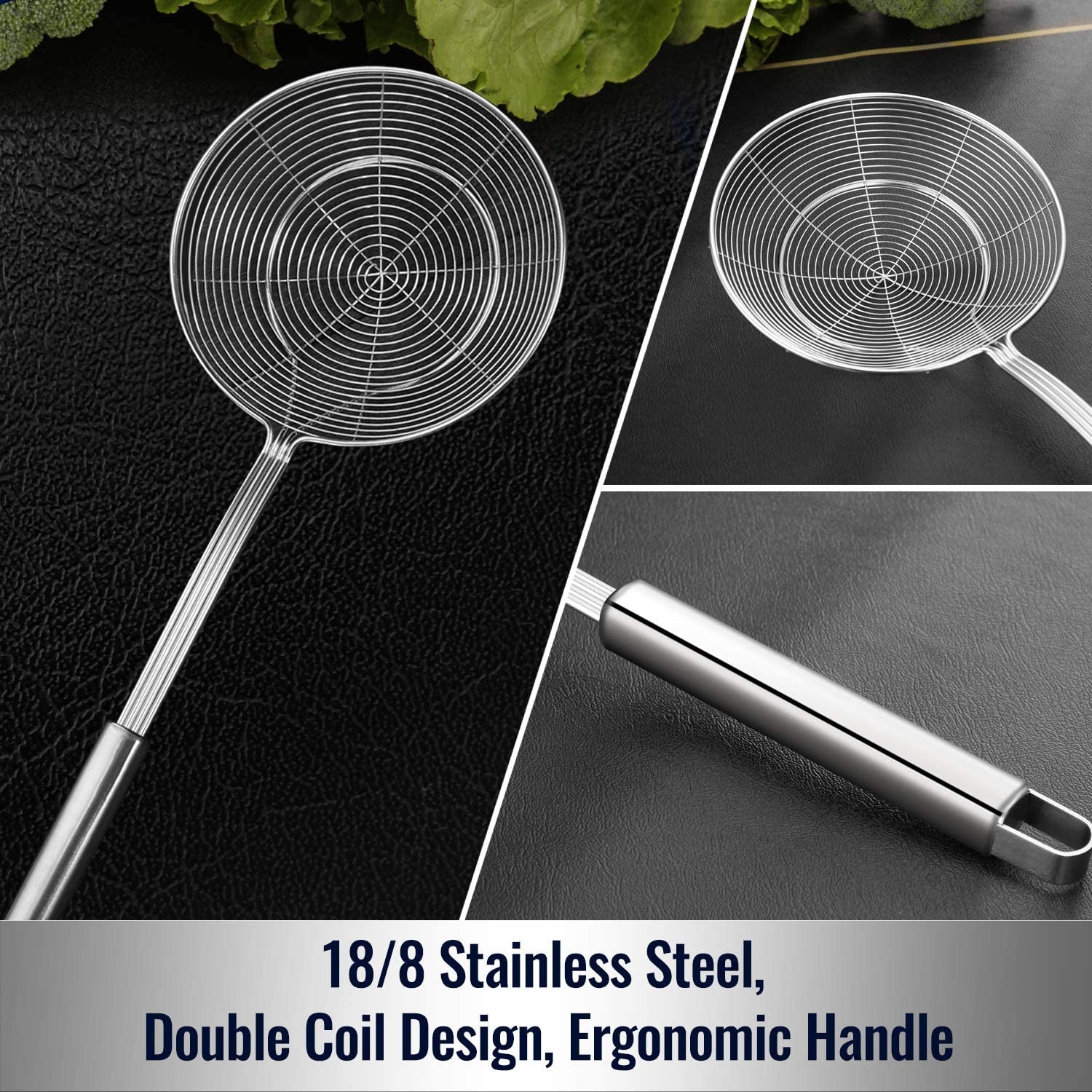 Solid Stainless Steel Spider Strainer Skimmer Ladle for Cooking and Frying, Kitchen Utensils Wire Strainer Pasta Spoon, 5.4 Inch