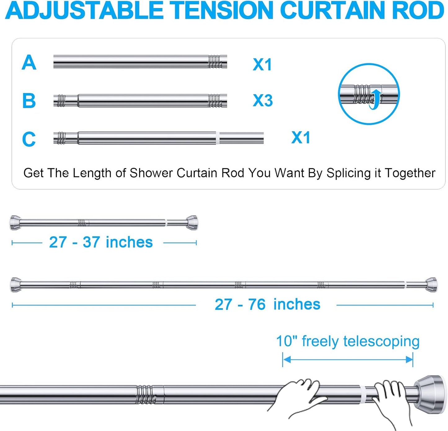 Shower Curtain Rod, 27-76 Inch Adjustable Tension Spring, Shower Curtain Rod Tension, Anti-Slip, Rust-Proof, No Drilling, for Bathroom, Silver