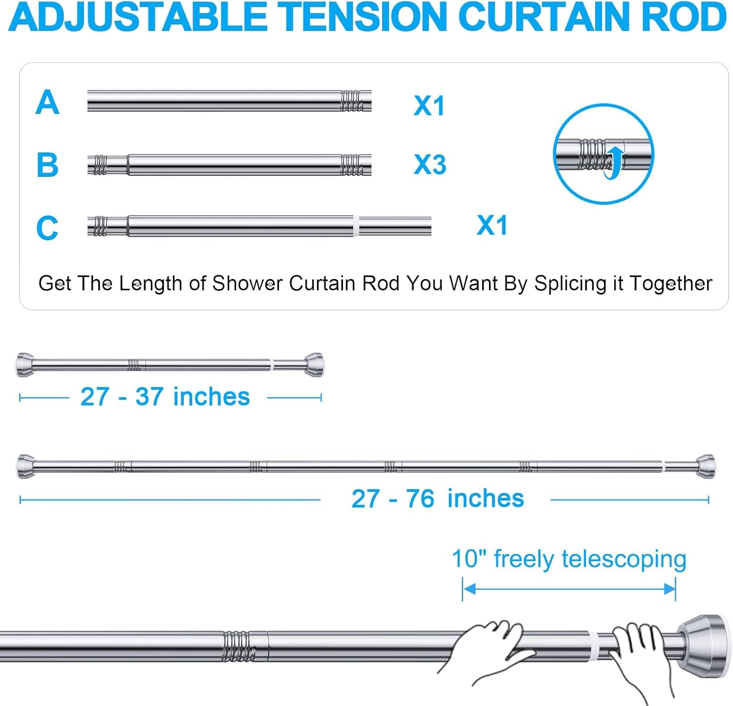 Shower Curtain Rod, 27-76 Inch Adjustable Tension Spring, Shower Curtain Rod Tension, Anti-Slip, Rust-Proof, No Drilling, for Bathroom, Silver