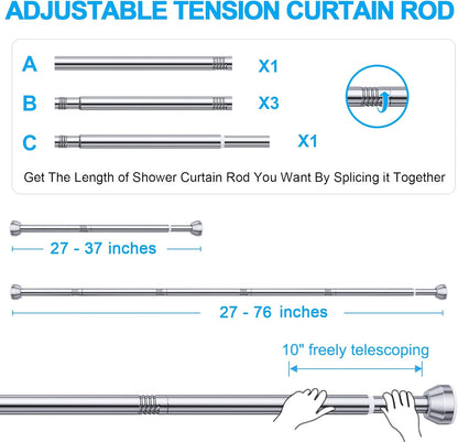 Shower Curtain Rod, 27-76 Inch Adjustable Tension Spring, Shower Curtain Rod Tension, Anti-Slip, Rust-Proof, No Drilling, for Bathroom, Silver