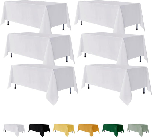 6-Pack White Rectangular Tablecloths - 70 x 120 Inches - Wrinkle and Stain Resistant Polyester Covers for Weddings, Parties, Banquets, and Formal Events